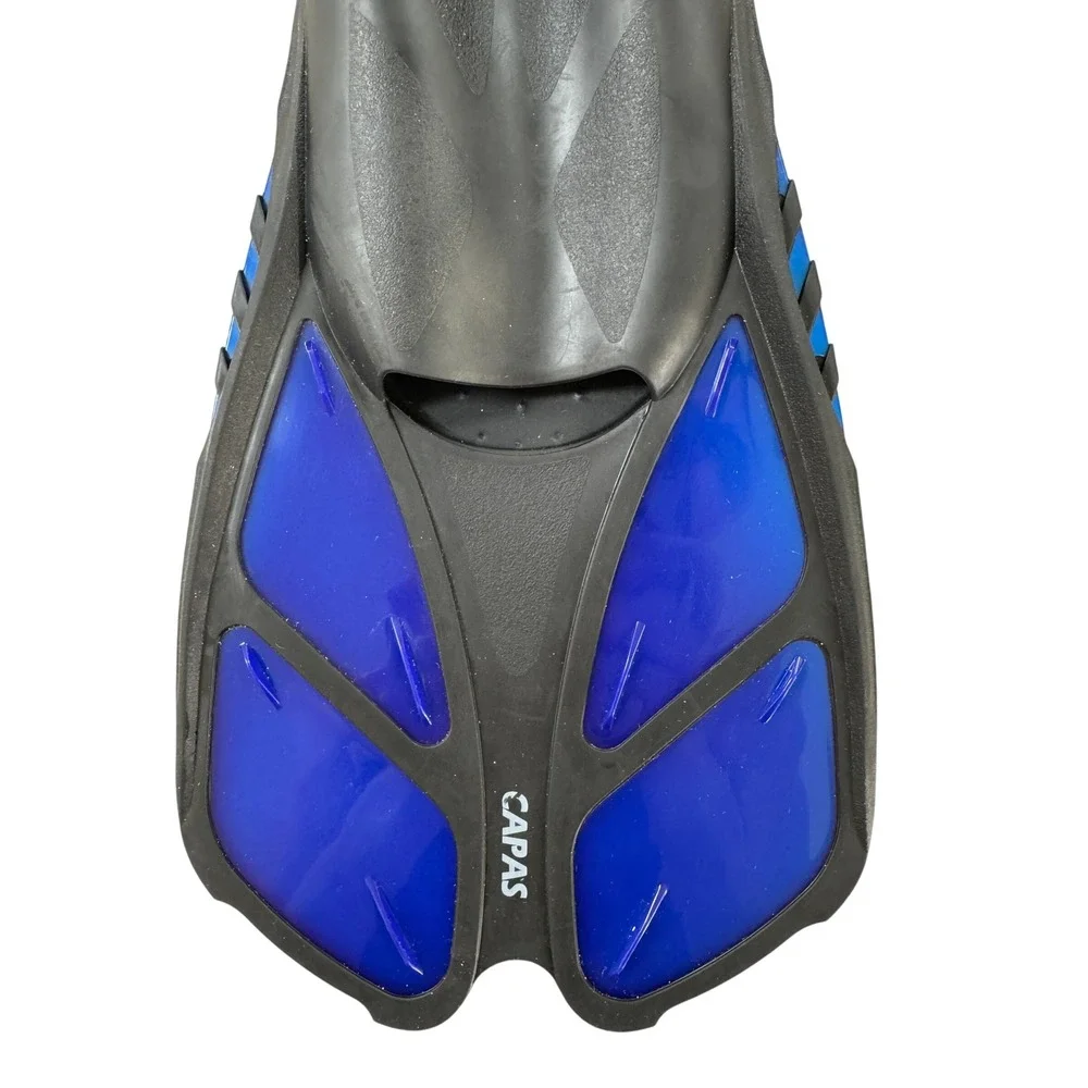 CAPAS Snorkeling Fins Blue Black Open Heel Adjustable Travel Size ML/XL 9-13
